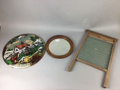 Lot 559 - A SMALL CIRCULAR MIRROR AND A WALL PANEL