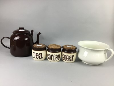 Lot 564 - A LARGE BROWN ENAMEL TEAPOT AND OTHERS