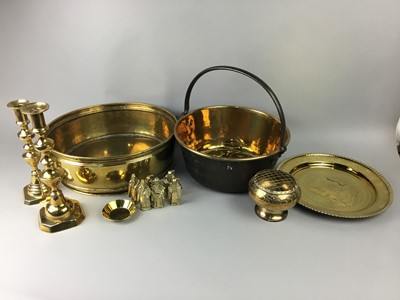 Lot 578 - A LARGE INDIAN BRASS TRAY/TABLE TOP, BRASS PLANTER, JELLY PAN AND OTHER ITEMS