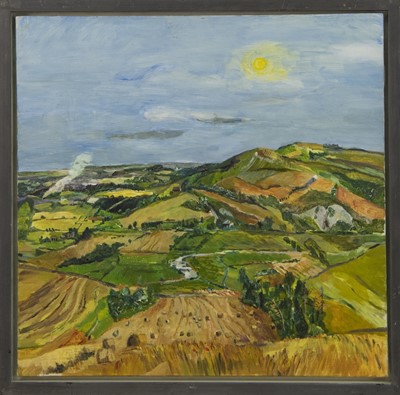 Lot 157 - VIEW FROM BURY HILL, EAST SUSSEX, AN OIL BY ISOBEL BRIGHAM