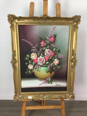 Lot 105A - AN ACRYLIC STILL LIFE OF ROSES AND LAVENDER AND AN OILET