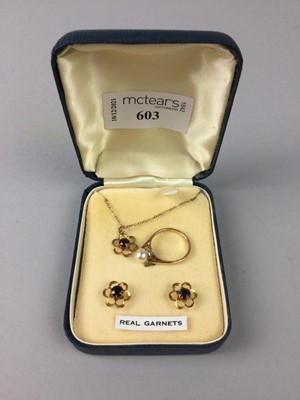 Lot 603 - A GARNET SET GOLD PENDANT AND EARRINGS, AND A PEARL RING