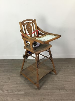 Lot 637 - A VICTORIAN HIGHCHAIR, STICK STAND AND DRESSING MIRROR