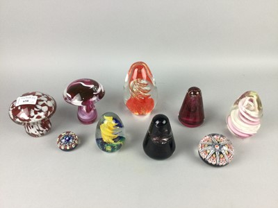 Lot 658 - A LOT OF TWO MUSHROOM FORM GLASS PAPERWEIGHTS ALONG WITH THIRTEEN OTHER PAPERWEIGHTS