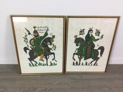 Lot 663 - A PAIR OF PRINTED LINEN PANELS OF PERSIAN EQUESTRIAN FIGURES