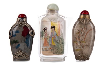 Lot 1237 - THREE CHINESE INTERIOR DECORATED GLASS SNUFF BOTTLES