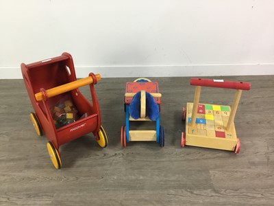 Lot 530A - A CHILD'S TOY PRAM AND A PUSH TOY WITH BUILDING BLOCKS AND ONE OTHER