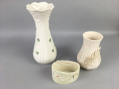 Lot 75 - A LOT OF THREE BELLEEK VASES AND A ROYAL TUSCAN COFFEE SERVICE
