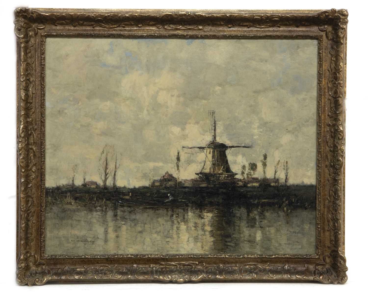 Lot 347 - DUTCH RIVER SCENE AND WINDMILL, AN OIL BY WILLIAM ALFRED GIBSON