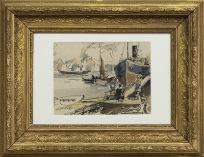 Lot 359 - STEAMER IN HARBOUR, A WATERCOLOUR ATTRIBUTED TO GEORGE LESLIE HUNTER