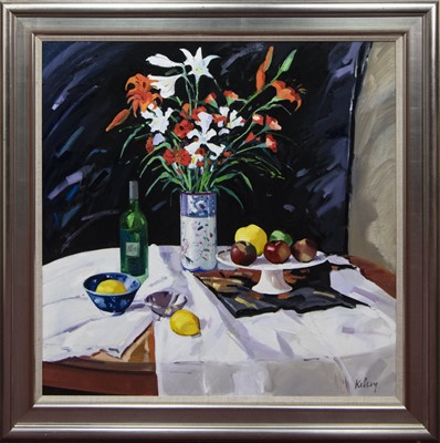 Lot 198 - STILL LIFE WITH ORANGE LILIES, AN OIL BY ROBERT KELSEY