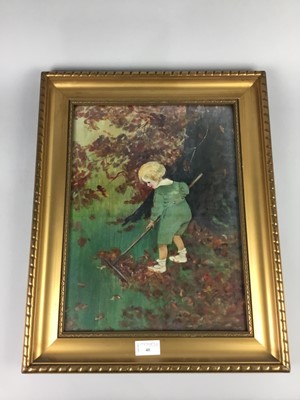 Lot 40 - CHILD BRUSHING LEAVES, OIL ON CANVAS