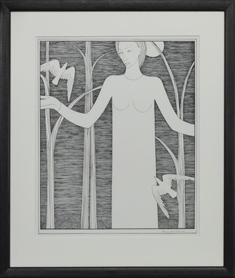 Lot 13 - WOMAN WITH BIRDS, A LITHOGRAPH BY HANNAH FRANK
