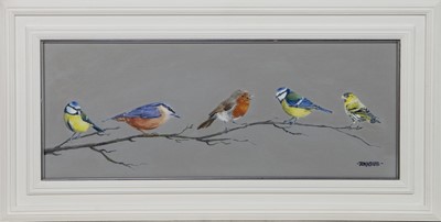 Lot 292 - FIVE FEATHERED FRIENDS, AN OIL BY LYNNE JOHNSTONE