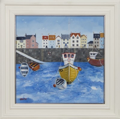 Lot 293 - BOBBING BOATS WITH VIEW, AN OIL BY LYNNE JOHNSTONE