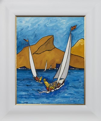 Lot 313 - SAILS CUTTING THROUGH THE SEASCAPE, AN OIL BY IAIN CARBY