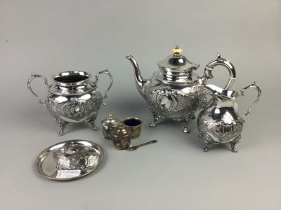 Lot 96 - A SILVER PLATED THREE PIECE TEA SERVICE ALONG WITH A CONDIMENT SET