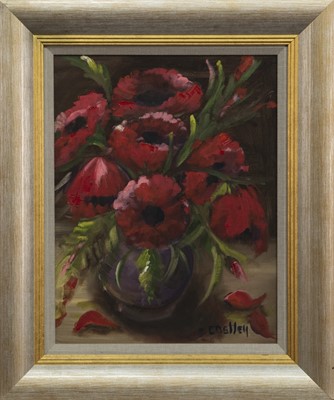 Lot 328 - STILL LIFE, VASE WITH RED POPPIES, AN OIL BY BILL COSTLEY