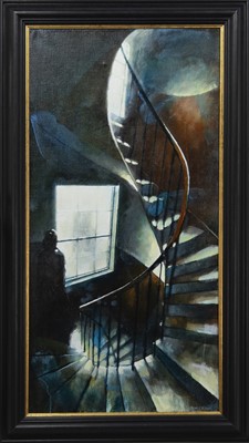 Lot 331 - ON THE STAIRS - WAITING, AN ACRYLIC BY BRYAN EVANS