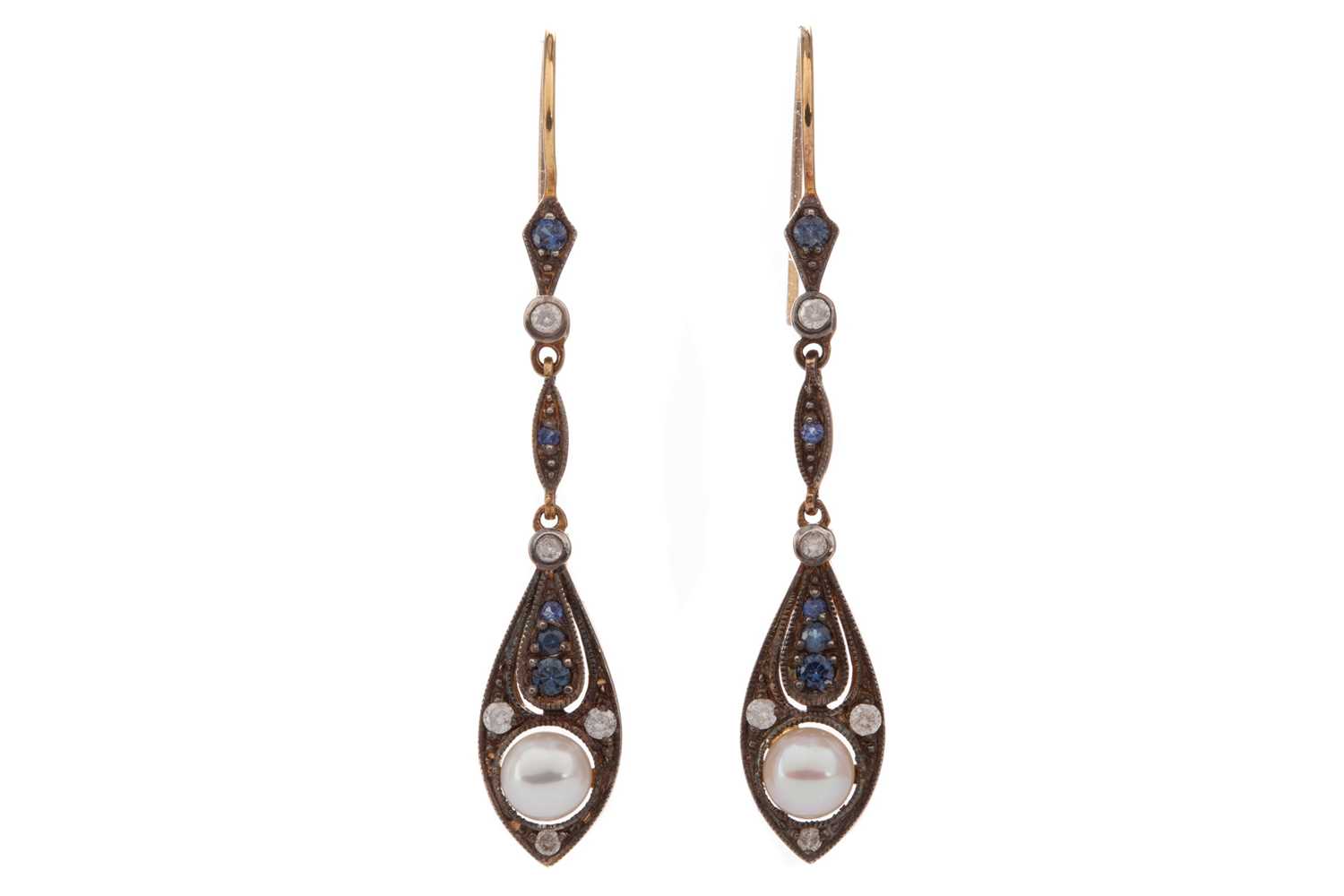 Lot 424 - A PAIR OF SAPPHIRE, PEARL AND DIAMOND EARRINGS