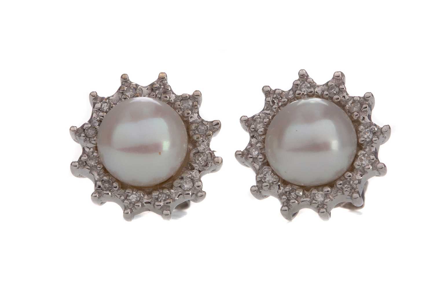 Lot 451 - A PAIR OF PEARL AND DIAMOND EARRINGS