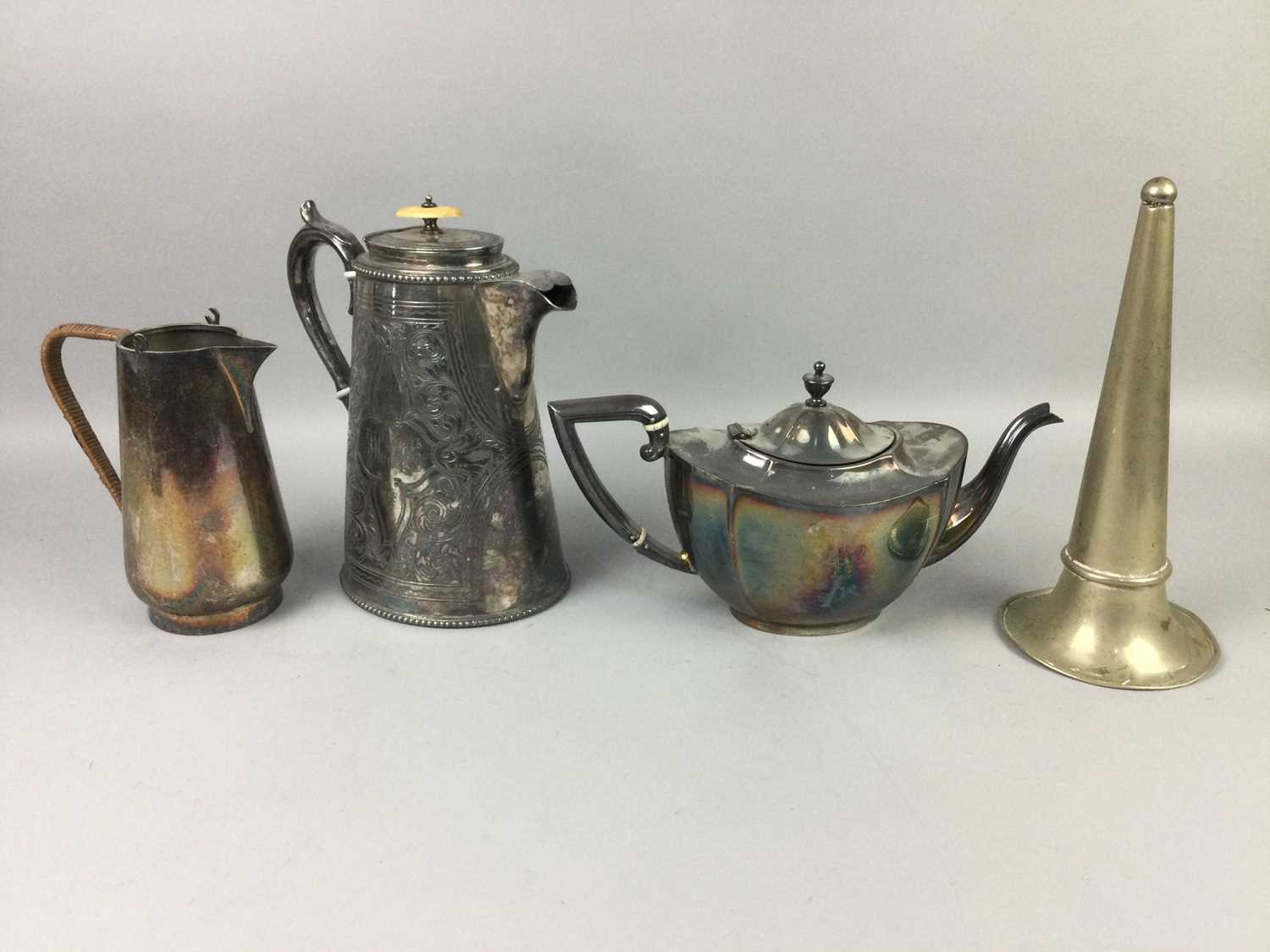 Lot 27 - A VICTORIAN SILVER PLATED HOT WATER POT AND OTHER SILVER PLATED ITEMS