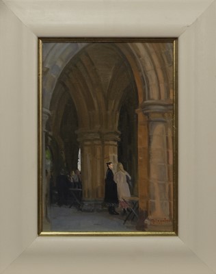 Lot 325 - CONVERSATION IN THE CLOISTERS, GLASGOW UNIVERSITY, AN OIL BY ANDREW FITZPATRICK
