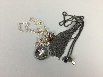 Lot 7 - AN ENAMELLED VICTORIAN SILVER CROWN AND TWO PENDANTS ON CHAINS