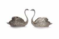 Lot 576 - PAIR OF SMALL CAST SILVER SWAN PIN CUSHIONS...
