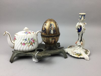 Lot 78 - A CONTINENTAL PORCELAIN EGG, ALONG WITH A TEAPOT, CANDLESTICK AND INKWELL