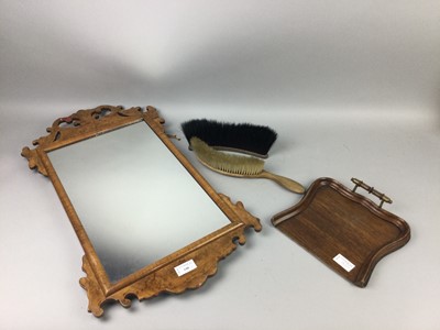 Lot 190 - AN UPRIGHT WALL MIRROR AND A CRUMB TRAY AND TWO BRUSHES