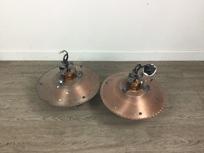 Lot 299 - A PAIR OF COPPER AND AMBER GLASS CEILING LIGHTS