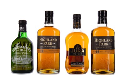 Lot 326 - TWO BOTTLES OF HIGHLAND PARK AGED 10 YEARS, ONE JURA ORIGIN AGED 12 YEARS AND TOBERMORY AGED 10 YEARS
