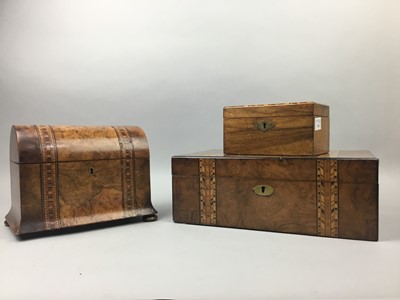 Lot 268 - A 20TH CENTURY LAP DESK, TEA CADDY AND A JEWELLERY CASKET