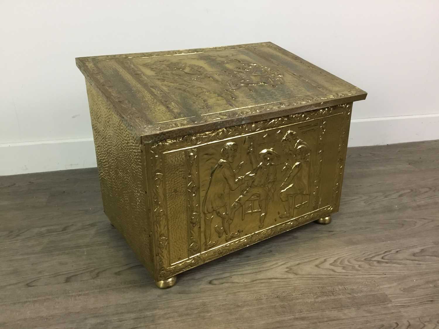 Lot 22 - A BRASS COAL BOX AND A CANTEEN OF CUTLERY