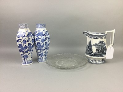 Lot 172 - A VICTORIAN GONDOLA PATTERN JUG, VASES AND A PLATE
