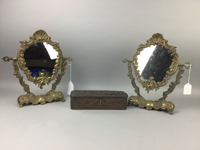 Lot 183 - A LOT OF TWO BRASS DRESSING TABLE MIRRORS ALONG WITH A METAL BOX