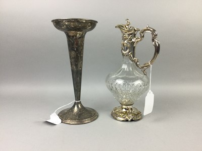 Lot 184 - A CUT GLASS CLARET JUG ALONG WITH A SILVER PLATE TRUMPET VASE