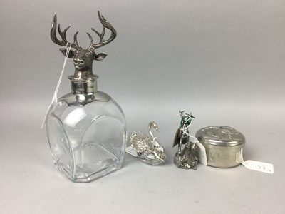 Lot 197 - A SILVER PLATE STAG'S HEAD DECANTER, CONTINENTAL SILVER MOUNTED SALT DISH AND OTHER ITEMS