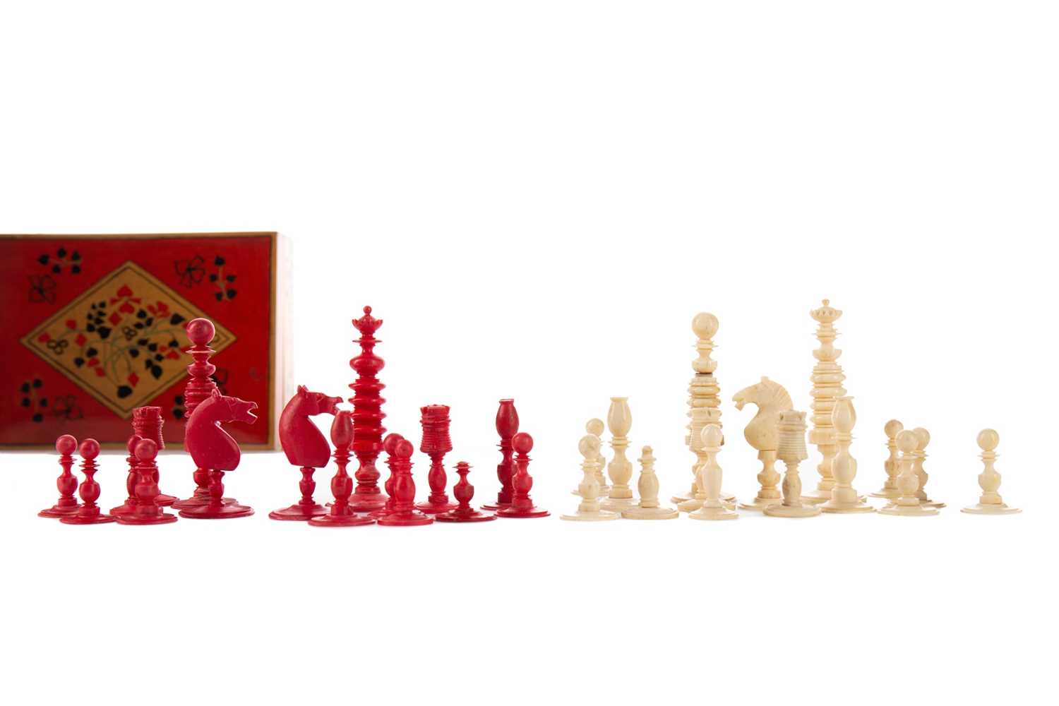 Lot 809 - A LATE 19TH CENTURY IVORY CHESS SET OF BARLEYCORN DESIGN