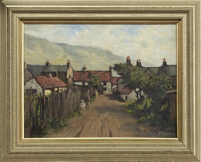 Lot 275 - CHILDREN IN AN AYRSHIRE VILLAGE, AN OIL BY TOM PATERSON