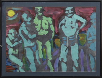 Lot 17 - BATHERS BY THE HAVEL (GERMANY), AN ACRYLIC BY IAN HUGHES