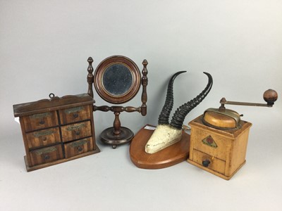 Lot 374 - A SET OF ANTLERS, SPICE CHEST, DRESSING MIRROR AND COFFEE GRINDER