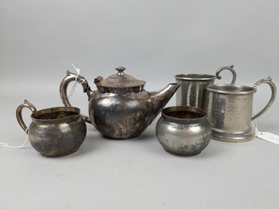 Lot 203 - A SILVER PLATE THREE PIECE TEA SERVICE ALONG WITH PEWTER ITEMS