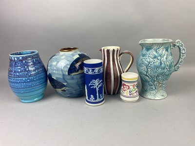 Lot 401 - A WEDGWOOD JASPER WARE CYLINDRICAL VASE AND OTHER CERAMICS