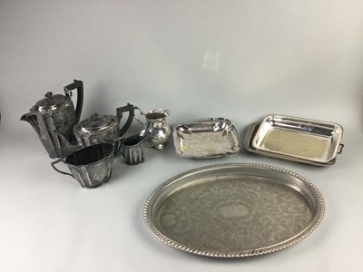 Lot 403 - A SILVER PLATED FOUR PIECE TEA AND COFFEE SERVICE AND OTHER PLATED WARE