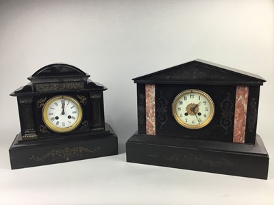 Lot 17 - A LOT OF TWO 19TH CENTURY FRENCH BLACK SLATE MANTEL CLOCKS