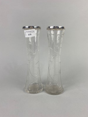 Lot 410 - A PAIR OF SILVER MOUNTED CUT GLASS VASES