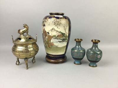 Lot 414 - A JAPANESE SATSUMA VASE ALONG WITH TWO CLOISONNE VASES AND A CENSER