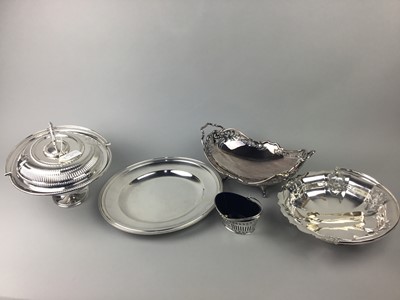 Lot 92 - A COLLECTION OF SILVER PLATE INCLUDING TONGS, ENTREE DISH AND A SUGAR BOWL